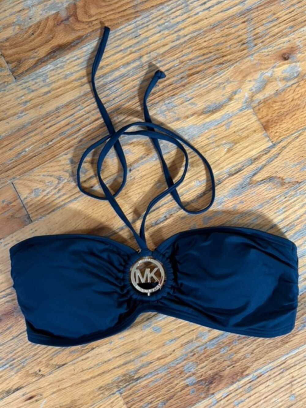Michael Kors Size S Navy & Gold Logo Ring Bandeau Halter Bikini Top Style#MM7888